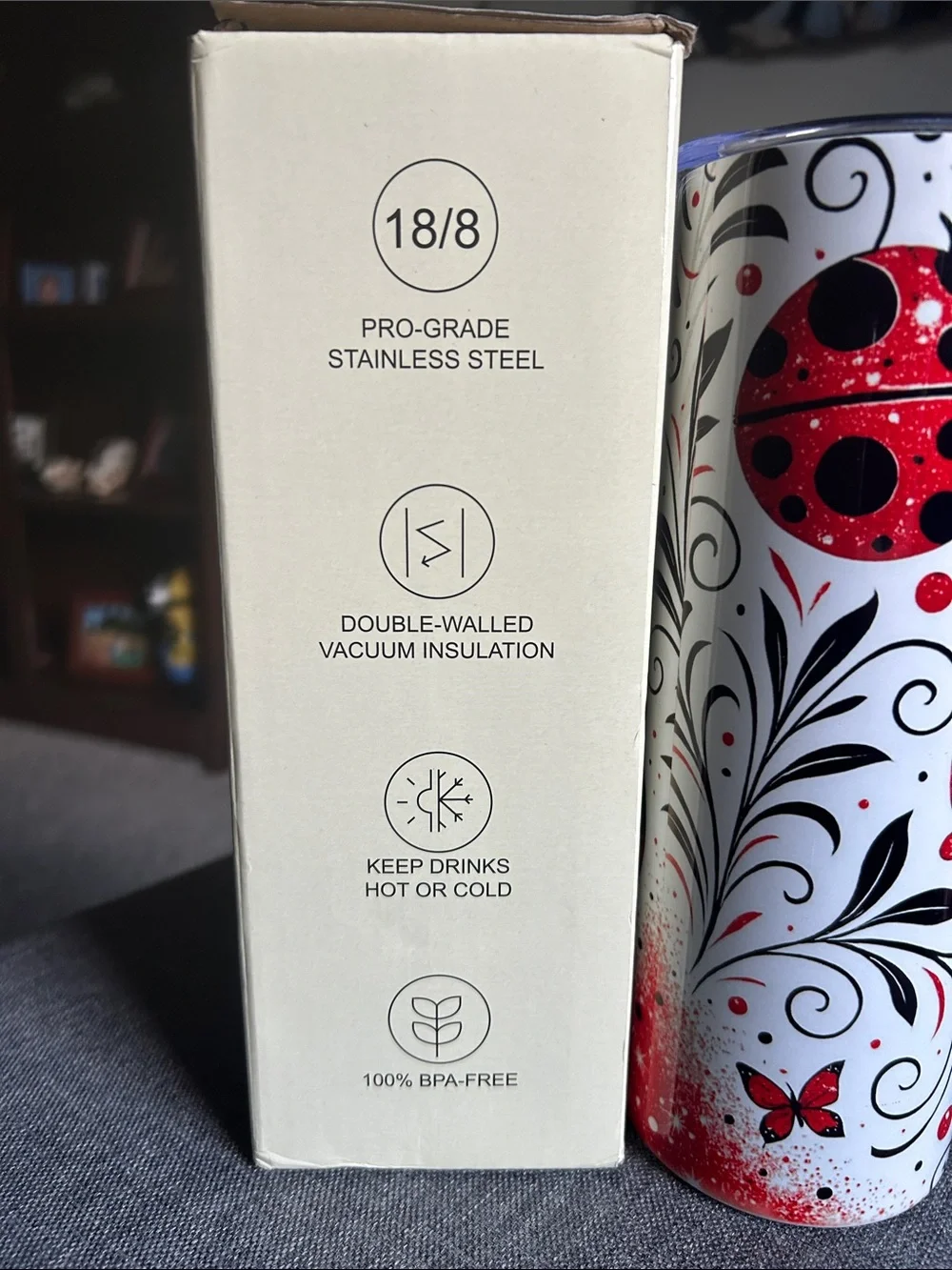 Ladybug Pattern Stainless Steel Tumbler with Straw & a Vintage Ladybug pouch,